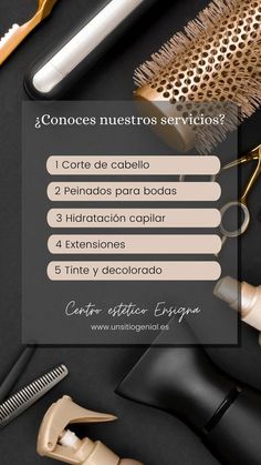 an image of different types of hair brushes and combs on a black background with the words conoces nuestros service?