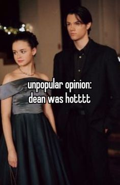 a man and woman standing next to each other in front of a building with the caption, unpopular opinion dean was hottt