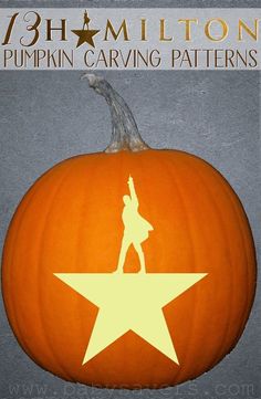 a pumpkin with the silhouette of a person on it and an orange star in front