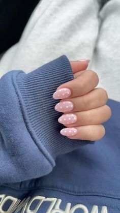 pink base with dainty polka dots Light Pink Nails With Polka Dots, White Pokadot Nails Acrylic, Pink Dotted Nails, Pink With White Polka Dots Nails, Clean Cute Nails, Polka Dot Com Color Street, Pink Nails Polka Dots, Pink Nails With White Dots, Almond Nails Polka Dots