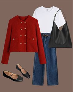 How To Style A Red Jacket, Red And Black Work Outfits, Red Blazer Street Style, Red Jacket Outfit Women, Red Jacket Outfit Casual, Red Jacket Outfit Winter, Midseason Outfit, Red Jeans Outfit, Red Jacket Outfit