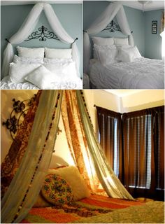 four different pictures of a bed with white sheets and curtains on it, including the headboard