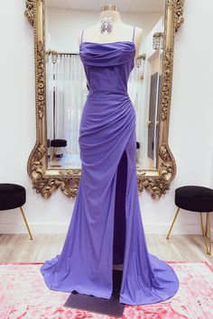 This formal dress showcases a mermaid silhouette, featuring a cowl neck with spaghetti straps and an open back. Made with spandex material, it comes in a beautiful purple color and falls to a full length. SKU: 3470 Purple color Spandex material Mermaid silhouette Cowl neck with spaghetti straps Open back Full length Built-in bra Ship in 7-10 business days Size: US 2-16. We offer free returns in 7 days. Please refer to our return policy page for more details. If you have any questions, don't hesitate to contact us: at service@dressesforparty.com. Prom Dresses Royal Purple, Purple Prom Dress Slim Fit, Purple Formal Gown, Silk Dress Purple, Prom Dresses On Mannequins, Purple Fancy Outfits, Purple Homecoming Dress Long, Purple Mermaid Hem Evening Gown, Purple Dress Birthday Outfit