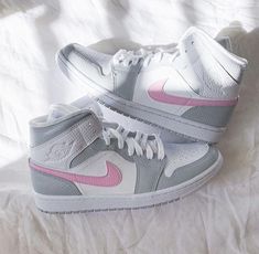 Custom Air Jordan 1 Mid Pink Grey - shecustomize Rosa Jordans, Jordan 1 Mid Pink, Custom Air Jordan 1, Pink Jordans, Custom Jordans, Nike Shoes Girls, Preppy Shoes, Jordan Shoes Girls, All Nike Shoes