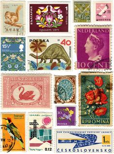 a bunch of stamps with different designs on them