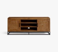 the sideboard is made out of wood and has an open shelf for storing items