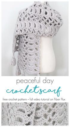 a crocheted shawl with the words peaceful day crochet scarf on it