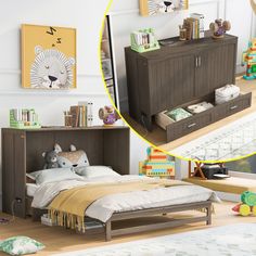 a child's bedroom with toys and bookshelves