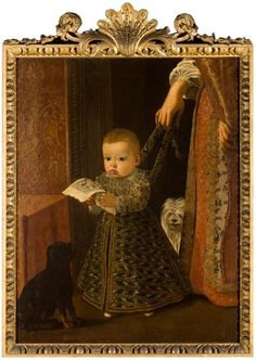 a painting of a young boy in an ornate dress with a dog looking at him