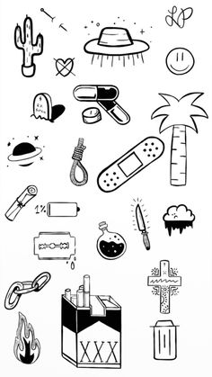 a black and white drawing of various items in the shape of a cross, palm tree, fire hydrant