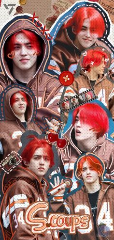 a collage of photos with red hair and other people wearing brown clothing, all in different styles