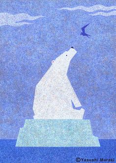 a polar bear sitting on top of an iceberg with a bird flying over it