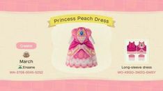 the princess peach dress is shown in this screenshot from animal crossing, which has been created