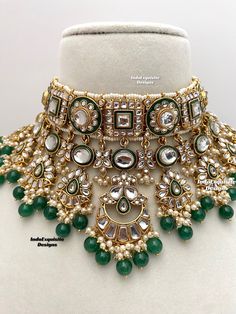 Premium quality elegant Kundan choker comes with Jhumki Earrings with attached saharey and Tikka/ Indian Jewelry/Premium Quality Polki and Kundan Jewelry/bridal necklace/Green All items are shipped from Brampton, Ontario, Canada. If you need your item by a certain day, please reach out to us for express delivery option before placing the order so that we can update the shipping for you. Standard shipping/delivery timeline Below are the delivery timeline estimates. We dispatch all orders by the n Luxury Kundan Bridal Sets With Intricate Design, Luxury Hallmarked Kundan Jewelry Sets, Luxury Kundan Tikka For Reception, Latest Jewellery Designs 2024, Bridel Jwellry Set Kundan, Green Bridal Jewellery Set, Jewellery For Bride, Kundan Jewellery Bridal, Indian Wedding Jewelry Sets