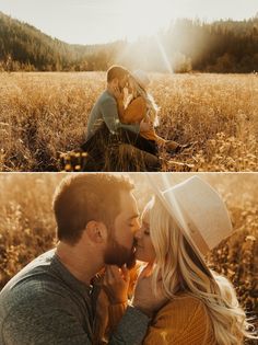 two photos of a couple kissing in the middle of a field with mountains in the background