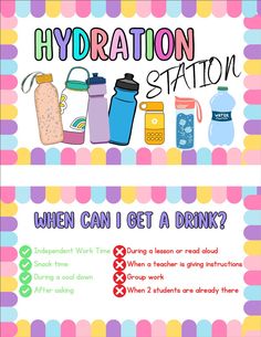 a poster with the words hydration station written on it and various items to use