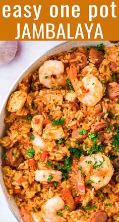 an easy one pot jambaalaya recipe with shrimp and rice in a skillet