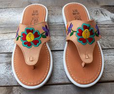 New womens flower embroidered leather slip on authentic mexican huarache sandals Bohemian Slip-on Sandals For Spring, Brown Flip Flops For Spring, Comfortable Brown Flip Flops For Spring, Comfortable Summer Huarache Sandals With Removable Insole, Comfortable Huarache Sandals With Removable Insole For Summer, Leather Sandals With Stitched Sole For Spring, Spring Sandals With Stitched Sole And Round Toe, Summer Huarache Sandals With Leather Footbed And Flat Heel, Summer Sandals With Rubber Sole And Flat Base