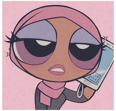 a cartoon character holding a cell phone up to her ear and wearing a headscarf