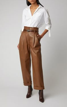 Culotte Style, Minimalist Moda, Brown Leather Pants, Leather Pants Outfit, Legging Outfits, Pants Women, Outfit Casual