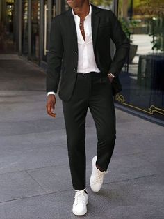 Black And White Prom Outfit Men, All Black Outfit Men Wedding, Black And White Outfits Classy Men, Simple Wedding Suits Men, Simple Wedding Outfit Men, Mens Black Formal Outfit, Wedding Outfit Men Formal, Men Prom Outfit Black, Mens Clothing For Wedding