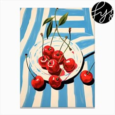 a painting of cherries on a white plate with blue and white striped tablecloth