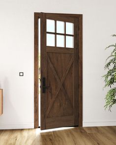 a wooden door in a white room with wood flooring and potted plant next to it