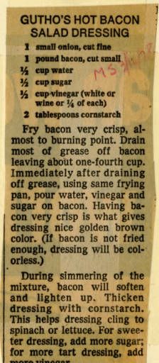 an old newspaper clipping with instructions on how to make a hot bacon salad dressing