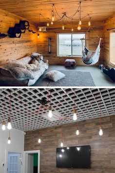 the inside and outside of a cabin with wood paneling on the walls, lights hanging from the ceiling