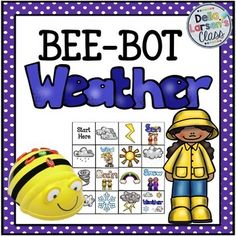 the bee - bot weather game is shown in purple and white polka dot paper with an image