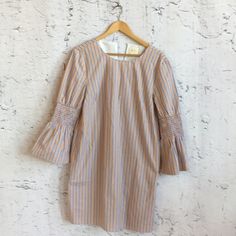 Reposh Repoorange Grey Stripe Dress With Bell Sleeves Button Missing At Back Of Neck Measured Flat Bust 20" Length 36" Dress With Bell Sleeves, Stripe Dress, Bell Sleeve Dress, Anthropologie Dresses, Grey Stripes, Striped Dress, Blue Orange, Orange Color, Bell Sleeves