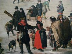 an old painting of people and dogs in the snow with one person holding a stick