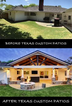 before and after photos of a texas ranch house with an outdoor fireplace in the front yard