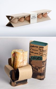 an egg carton with four eggs in it next to a cardboard box filled with food