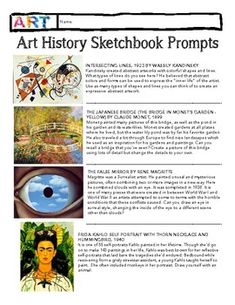 the art history sketchbook prompts page is shown with pictures and words on it