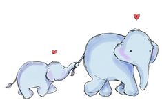 two baby elephants are being walked by an adult elephant on a white background with blue accents