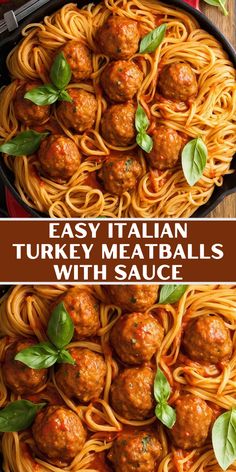 two pictures of spaghetti with meatballs and basil on top, one is in a skillet