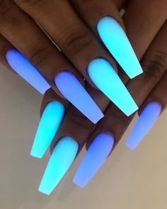 Mermaid Inspired Nails Acrylic, 2023 Neon Nails, Dark Acrylic Nails, Periwinkle Nails, Glow In The Dark Nails, Luminous Nails, Blue Acrylic Nails, Glow Nails