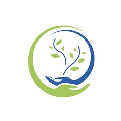 hands holding a tree with leaves in the middle of it, logo design for a company