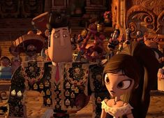 the animated characters are standing together in front of an old fashioned building with many other people