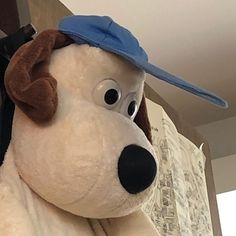 a large stuffed dog with a blue hat on top of it's head and eyes