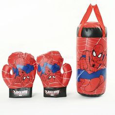 the spiderman boxing gloves and punching mitts are on display