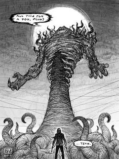 a man standing in front of a giant monster with his hands on his hips and looking at the sky