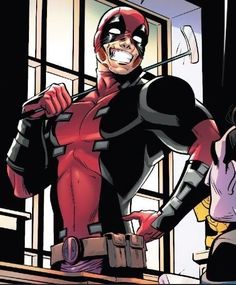 a man in a red and black costume standing next to a window with his hands on his hips