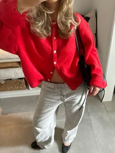 Red Cardigan Outfit, Outfit Aesthetics, Winter Y2k, Cardigan Outfit, Red Fall, Outfit Red, Tiktok Fashion, Red Cardigan, Boring Clothes