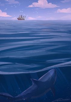 a shark swimming in the ocean with a ship in the background