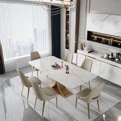 a modern dining room with marble floors and white walls