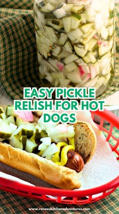 an easy pickle relish for hot dogs in a red basket next to a jar of pickles