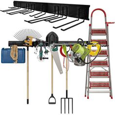 an assortment of garden tools hanging from the ceiling and on top of a ladder, with a tool holder next to it