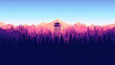 a tall tower sitting in the middle of a forest next to a mountain covered with trees